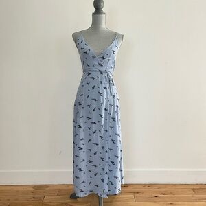 Blue ganni printed maxi wrap dress with black rose print.